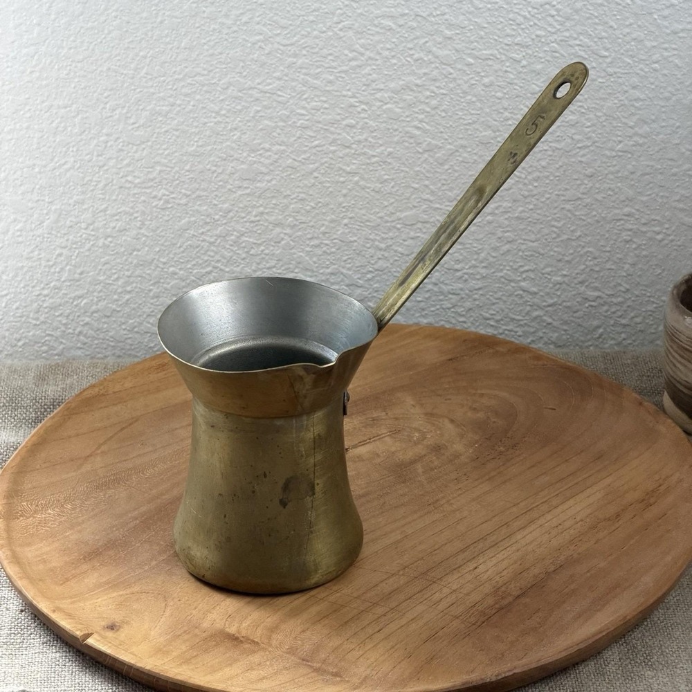 Antique Brass Cezve Turkish Coffee Pot Ibrik Size 5 Long Handle Tin Lined Patina